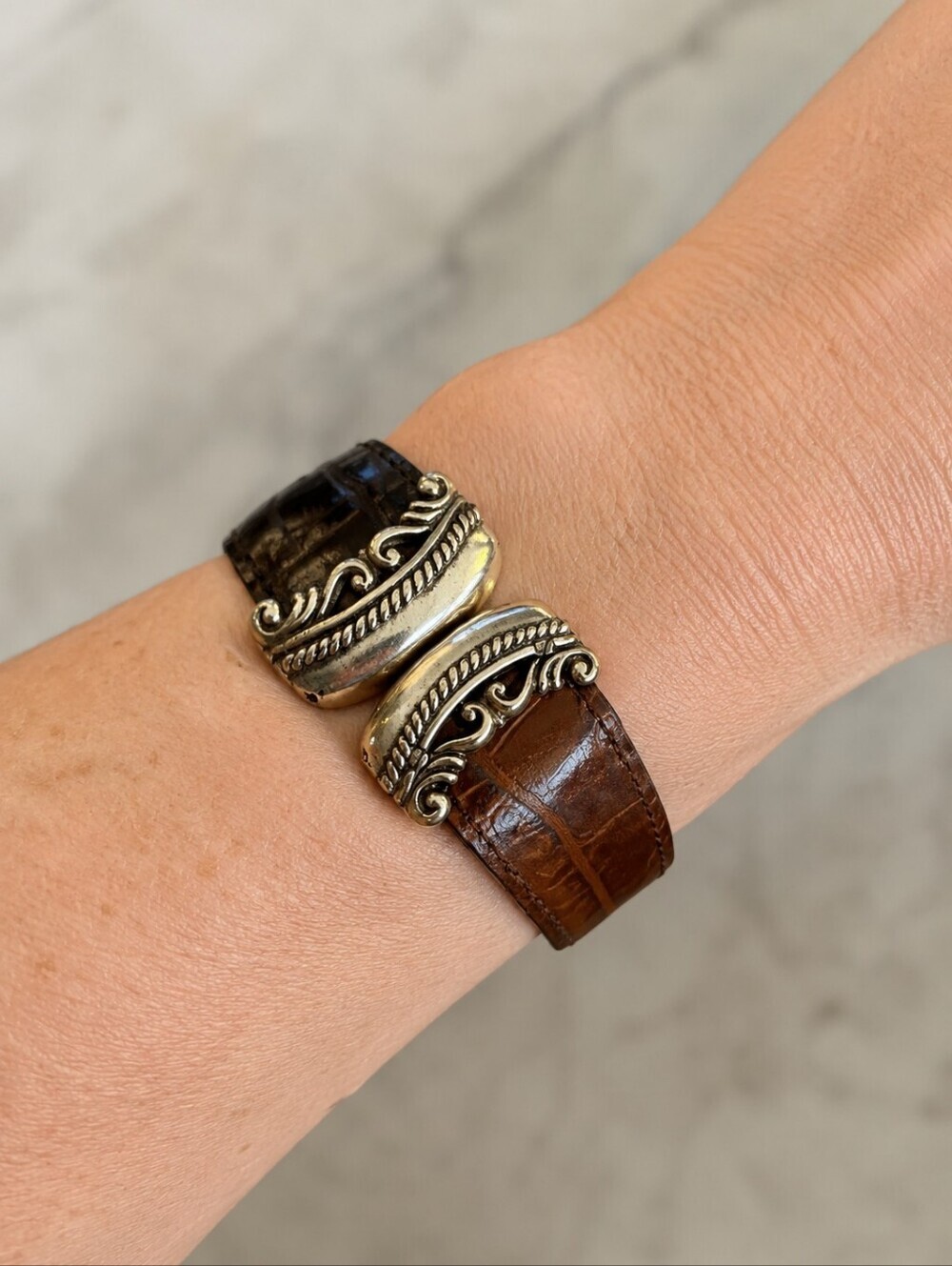 VTG BRIGHTON 1990s Chunky Two-tone Leather Croc Belt Bracelet